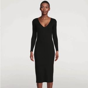 $225 VINCE. Women’s black v-neck ribbed fitted sweater dress